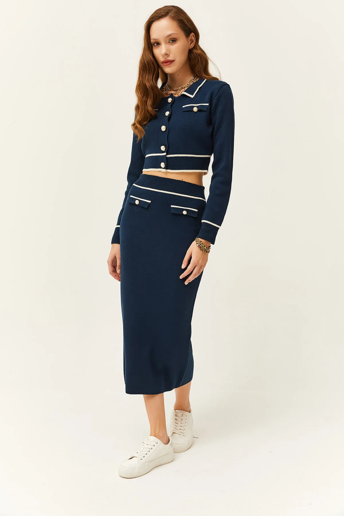 Olalook  Marineblaues Strickwaren-Set für Damen mit Knopfleiste, Unterteil und Oberteil TKM-19000233