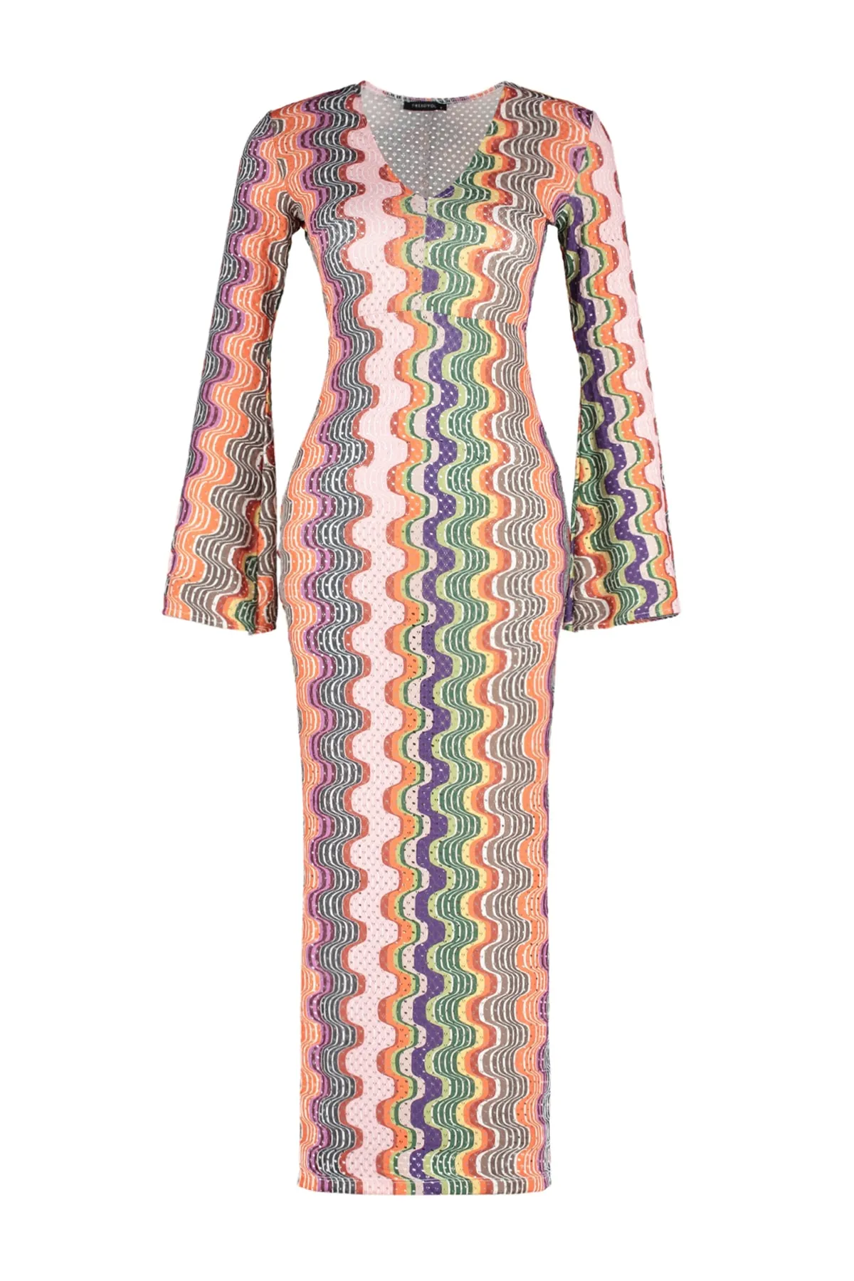 Trendyol Collection  Geometrisch gemustertes, tailliertes Maxi-Strick-Strandkleid TBESS23EL00177