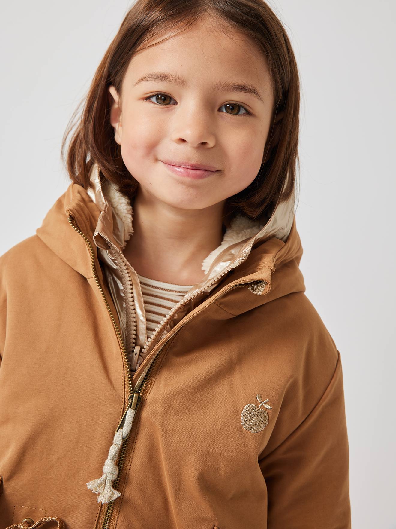 Parka à capuche 3 en 1 fille avec doudoune brillante doublée sherpa camel