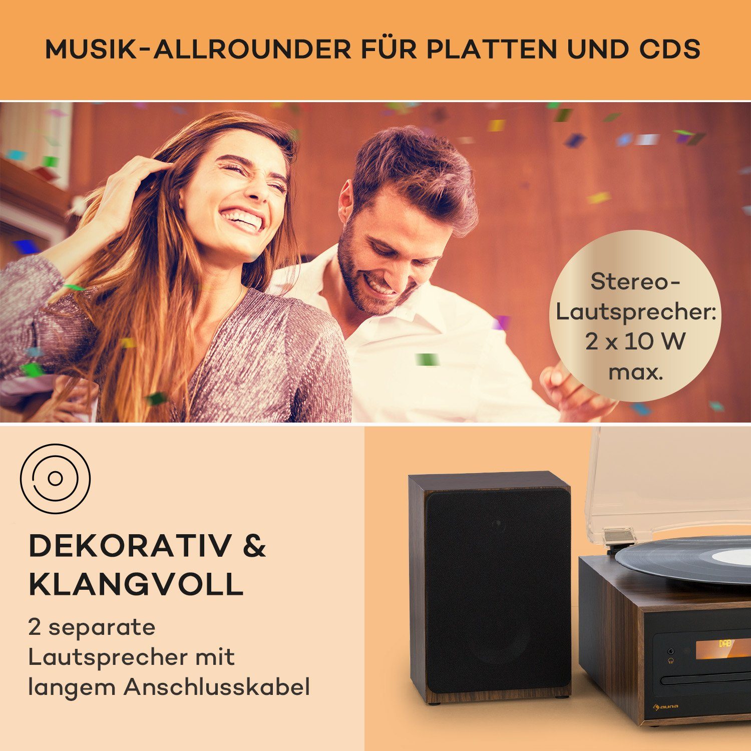 Auna Oxford SE Stereoanlage (DAB+ und FM Radiotuner, 20 W, Bluetooth Stereon DAB FM Vinyl CD Player Schwarz)
