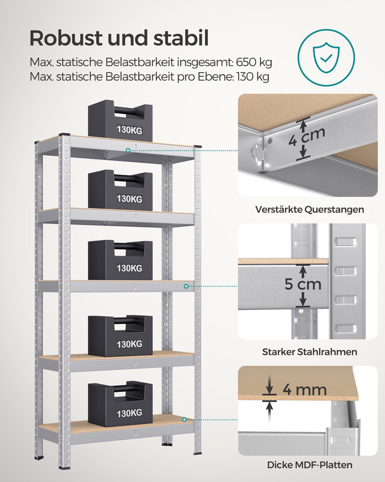 SONGMICS Schwerlastregal Standregal, 1-tlg., 5 Ablagen, Küchenregal