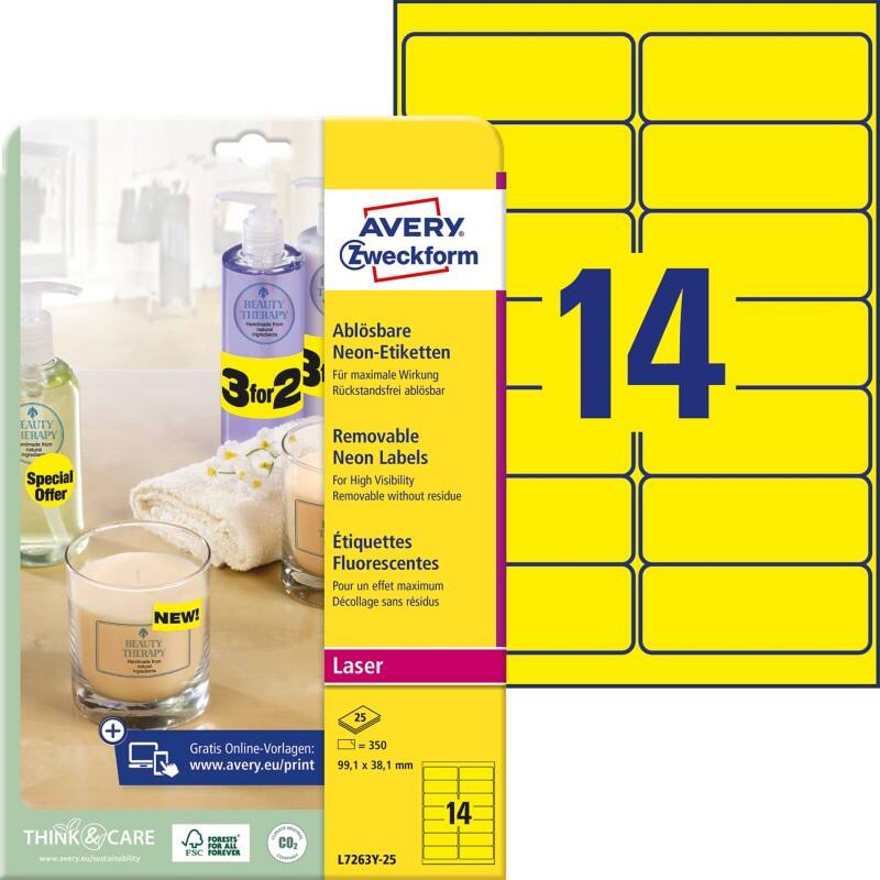 AVERY Zweckform L7263Y-25 Etiketten Neongelb 99,1 x 38,1 mm 25 Blatt à 14 Etiketten