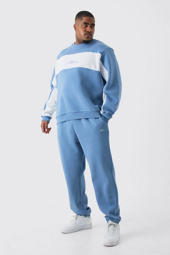 Plus Blauer Colorblock Man Sweatshirt-Trainingsanzug