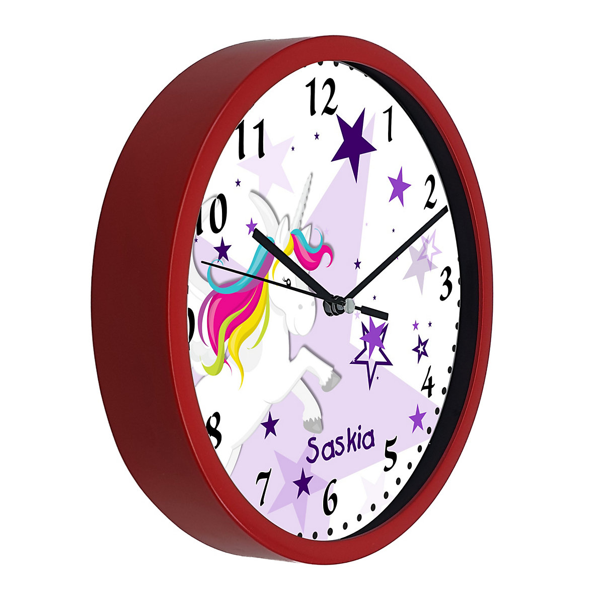 Kinder Wanduhr personalisiert mit Name Pegasus Sterne Lila