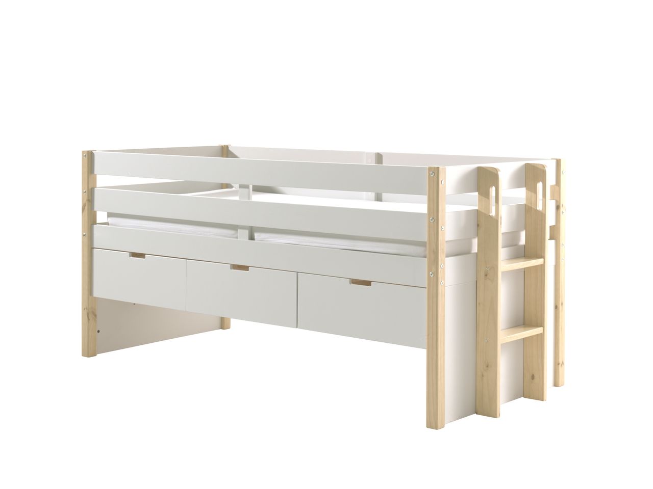 VIPACK Halbhohes Margrit Bett mit Rolllattenrost, Liegefläche 90 x 200, inkl. 3 Schubladen, Ausf. Weiß lackiert, Bettpfosten Kiefer natur lackiert