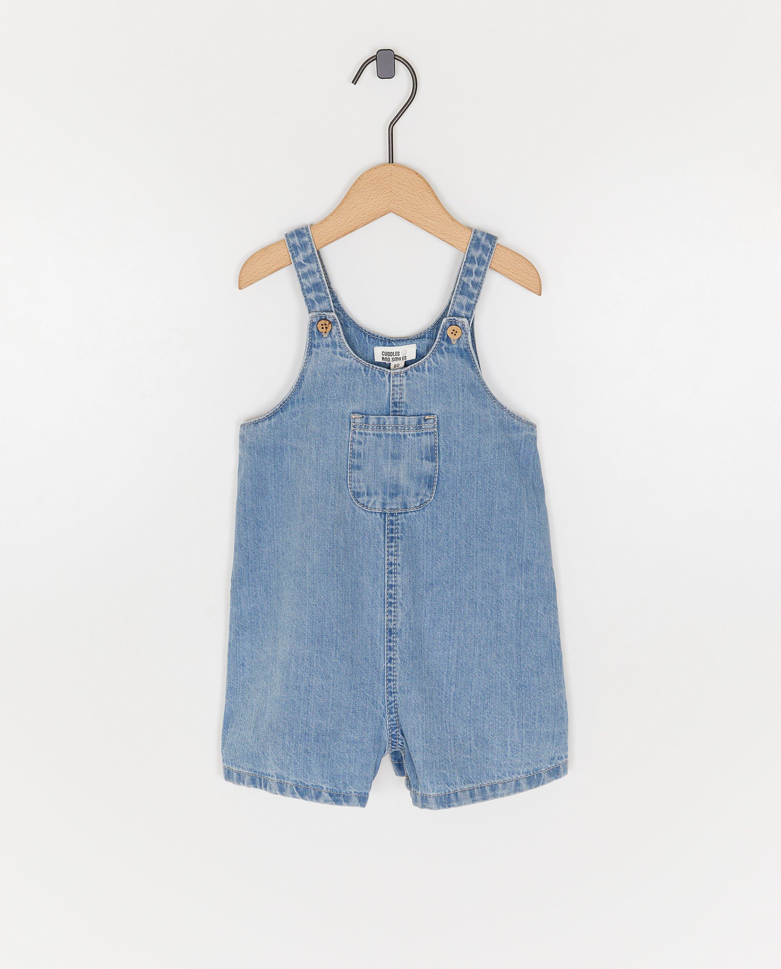 Salopetă din denim Cuddles and Smiles cu flori brodate, albastru deschis