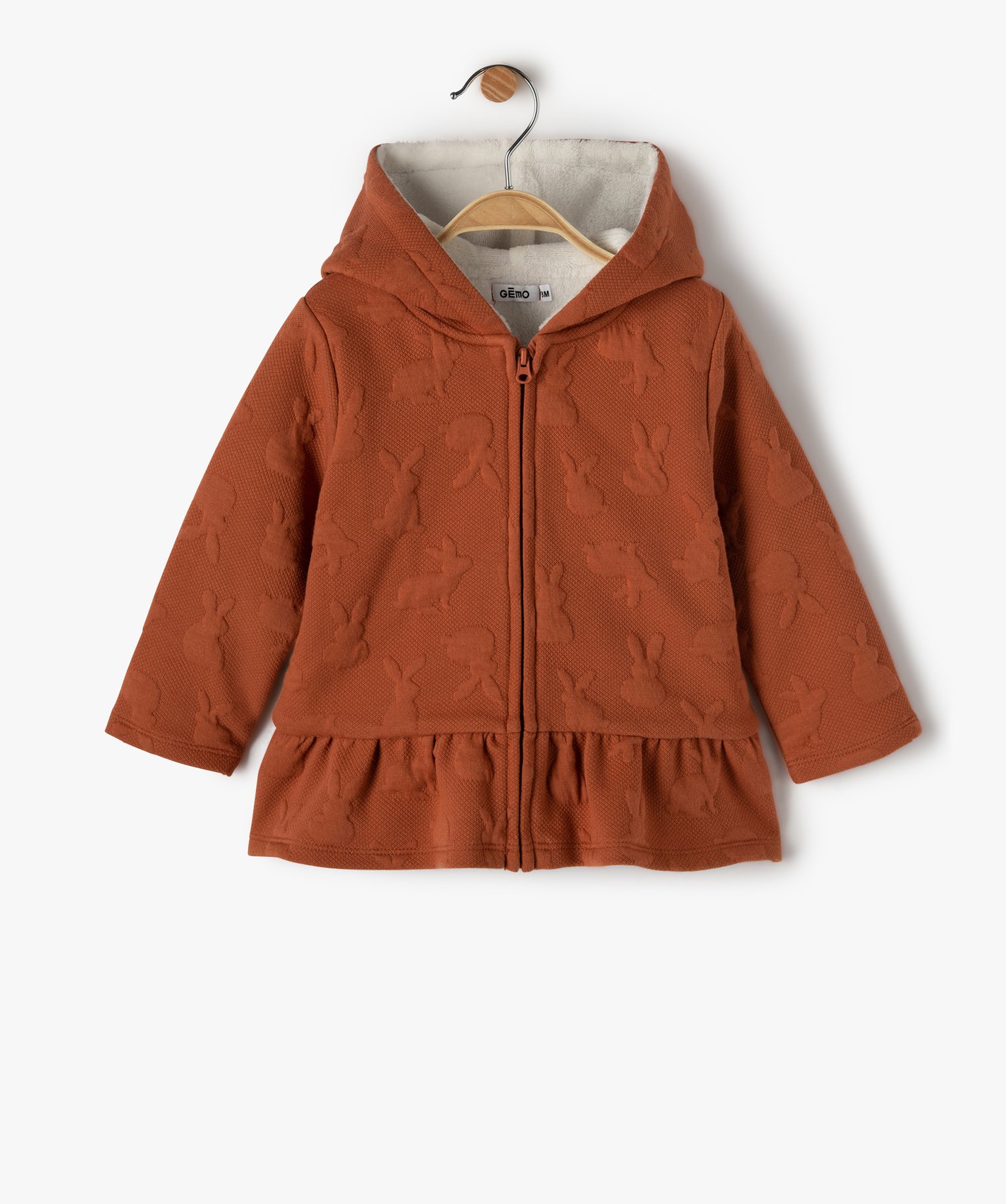 Sweat bébé fille à capuche fermeture zippé doublé peluche marron | GEMO