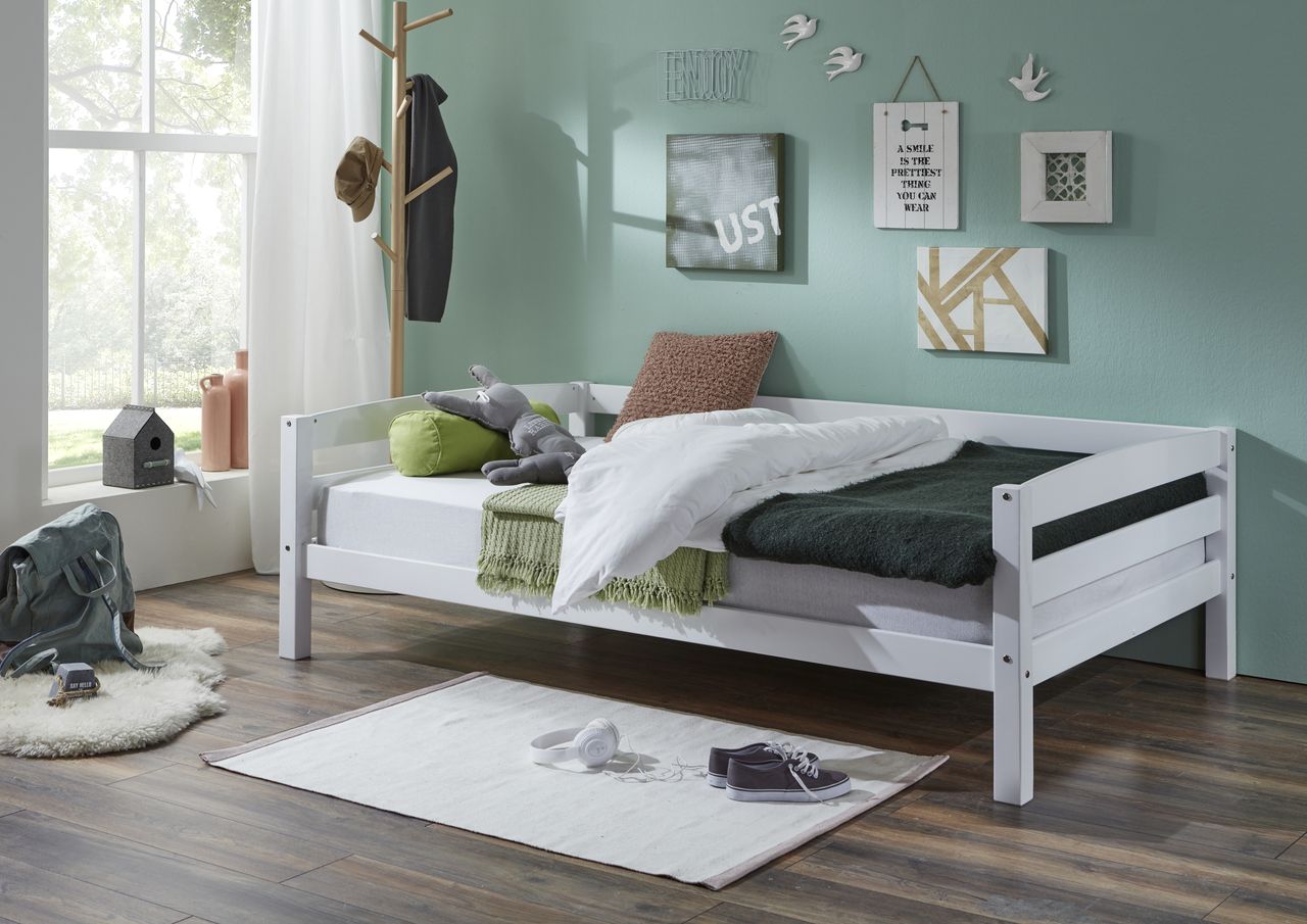 Relita Einzelbett Nora in Buche massiv, weiß lackiert, Liegefläche 90x200 cm, ohne Lattenrost