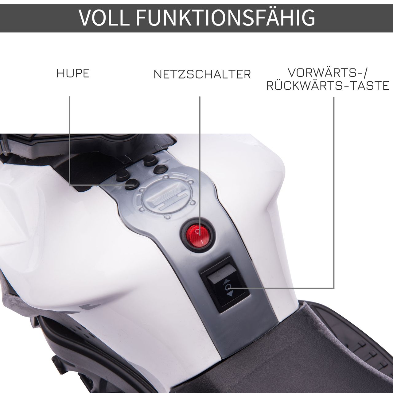 HOMCOM Elektromotorrad Kinderelektroauto Elektro-Kindermotorrad Kinderfahrzeug 6V LED-Licht simuliertes Motorgeräusch Metall PP Schwarz Weiß 88,5x 42,5x49 cm