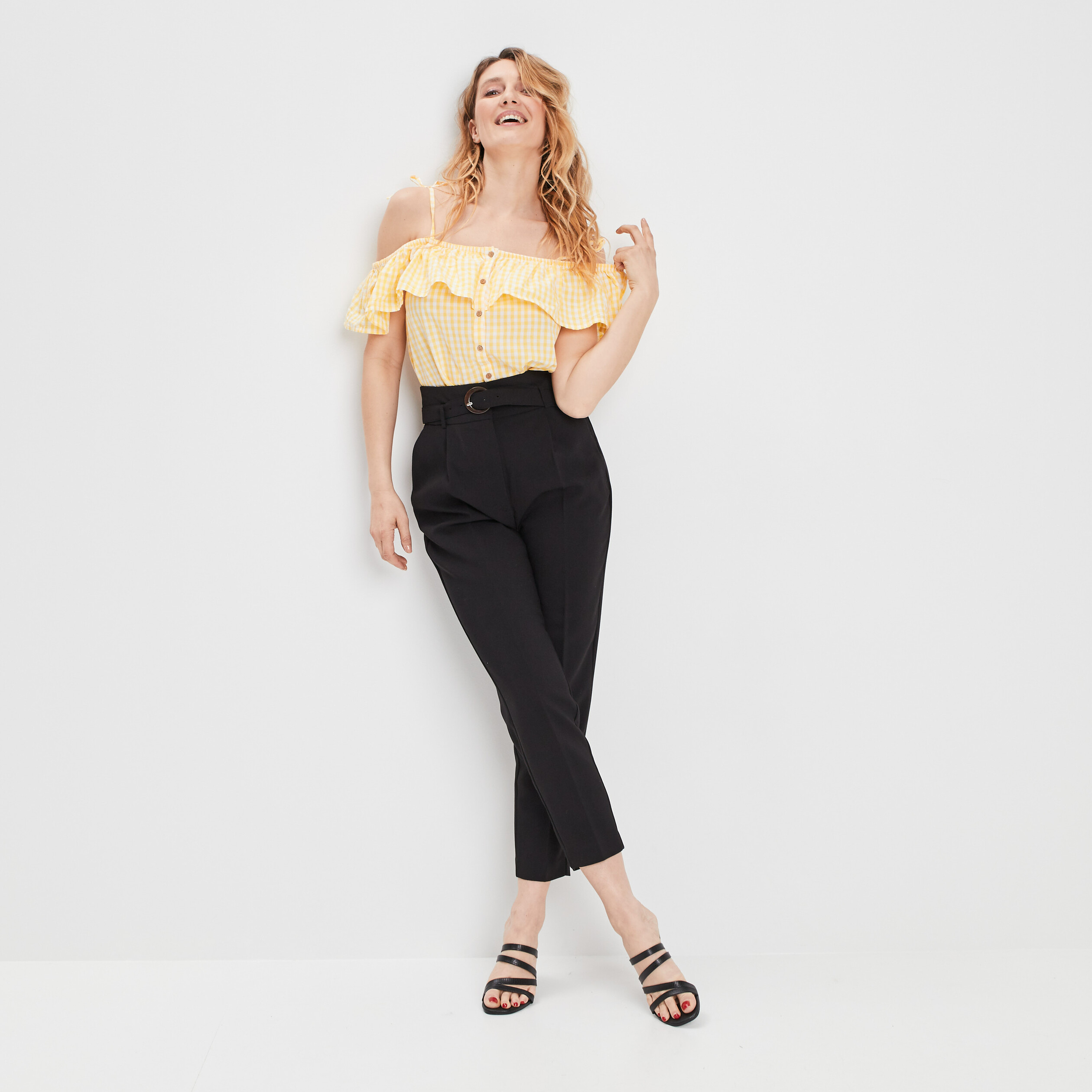 Chemise manches courtes col bardot jaune moutarde femme | La Halle
