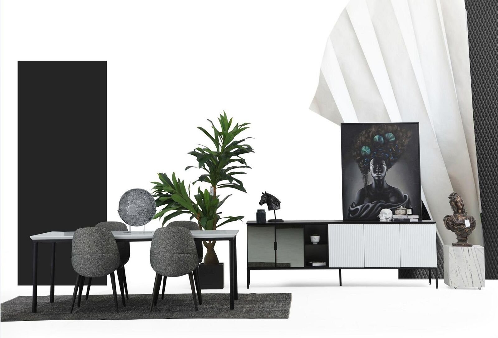 JVmoebel Esszimmer-Set Esszimmer Gruppe Esstisch Stühle Sideboard Tisch Holz Set 8tlg Weiß, (8-St., Esstisch + 6x Stühle + Sideboard), Made in Europa