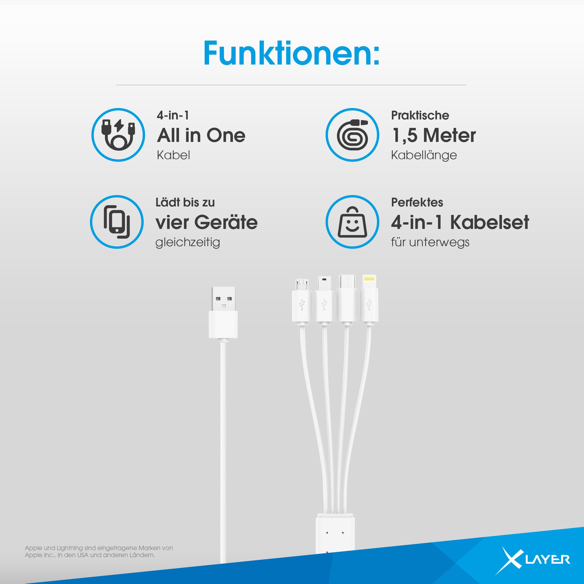 XLayer 4-IN-1 Multi 1.5 Meter USB-Ladekabel