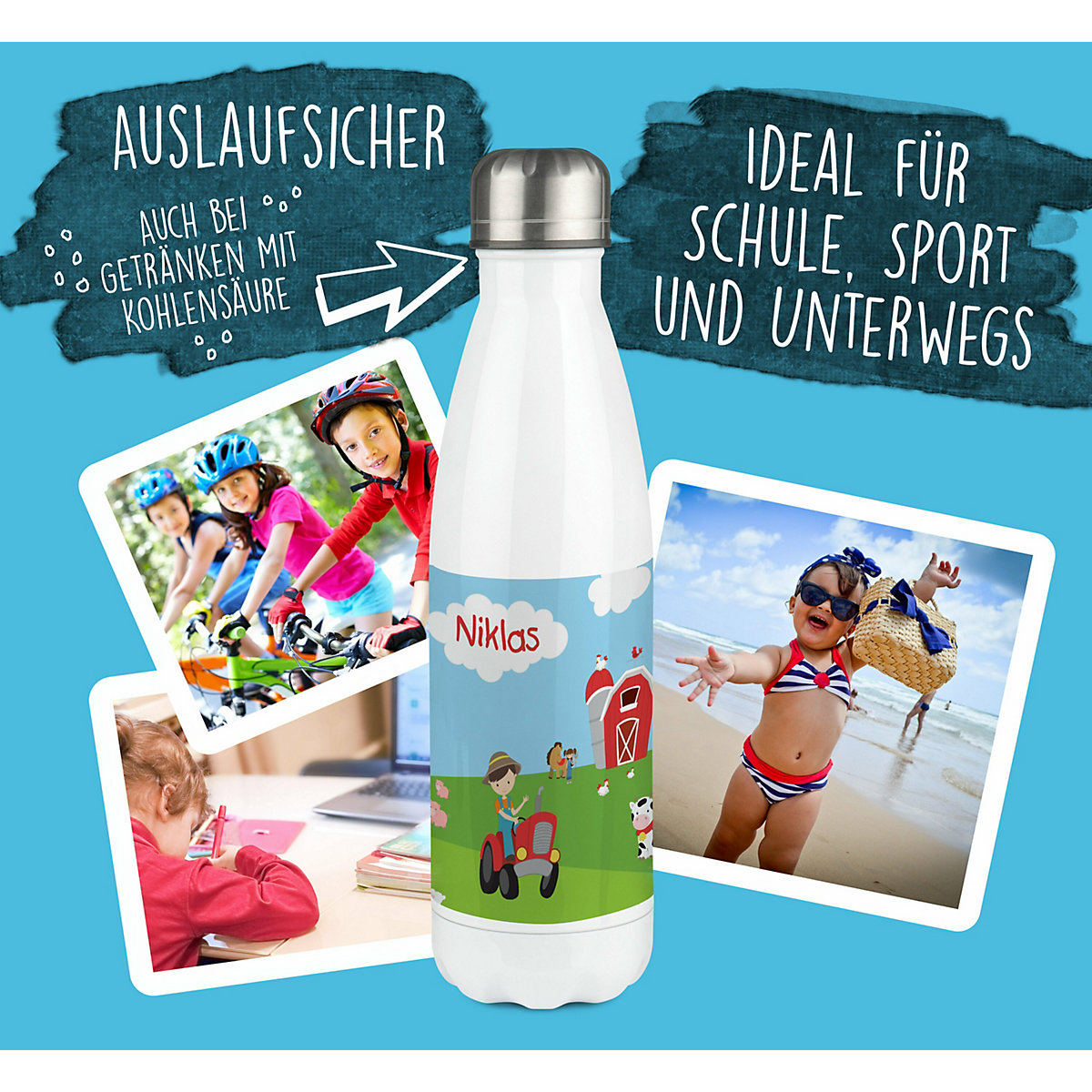 Edelstahl Kinder Thermoflasche / Trinkflasche bunt Bauernhof Spülmaschinenfest, Auslaufsicher, Bruchfest, Doppelwandig, Für Heißgetränke geeignet, Mit Deckel, Isoliert