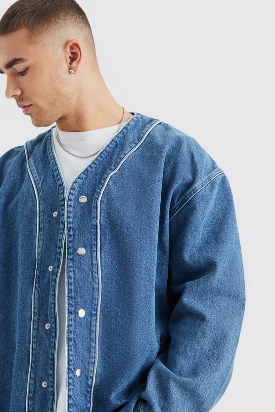 Langärmliges Denim Baseball-Hemd
