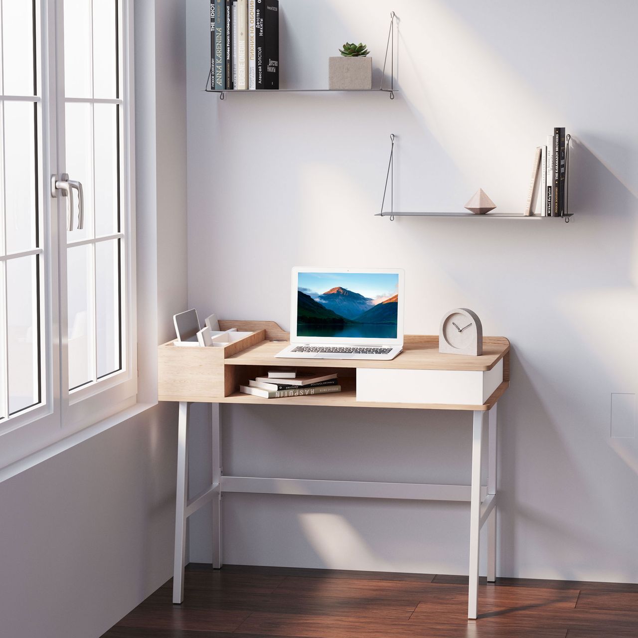 HOMCOM Schreibtisch Computertisch Bürotisch Arbeitstisch PC Tisch vielseitig verwendbar mit sechs Ablagefächern Schublade Breite Tischplatte für Arbeitszimmer Büro und Wohheim Natur 100 x 55 x 81,5 cm