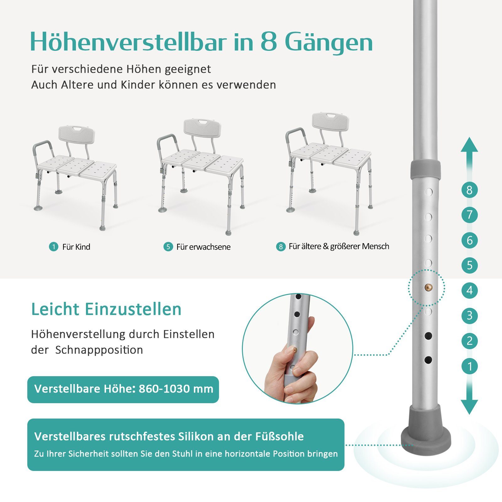 EMKE Duschhocker Duschhilfe Sitzfläche mit Sicherheitsgriffen Badhocker mit Armlehnen, Höhenverstellbar Anti-Rutsch-Gummifüße Belastbar bis 125 kg