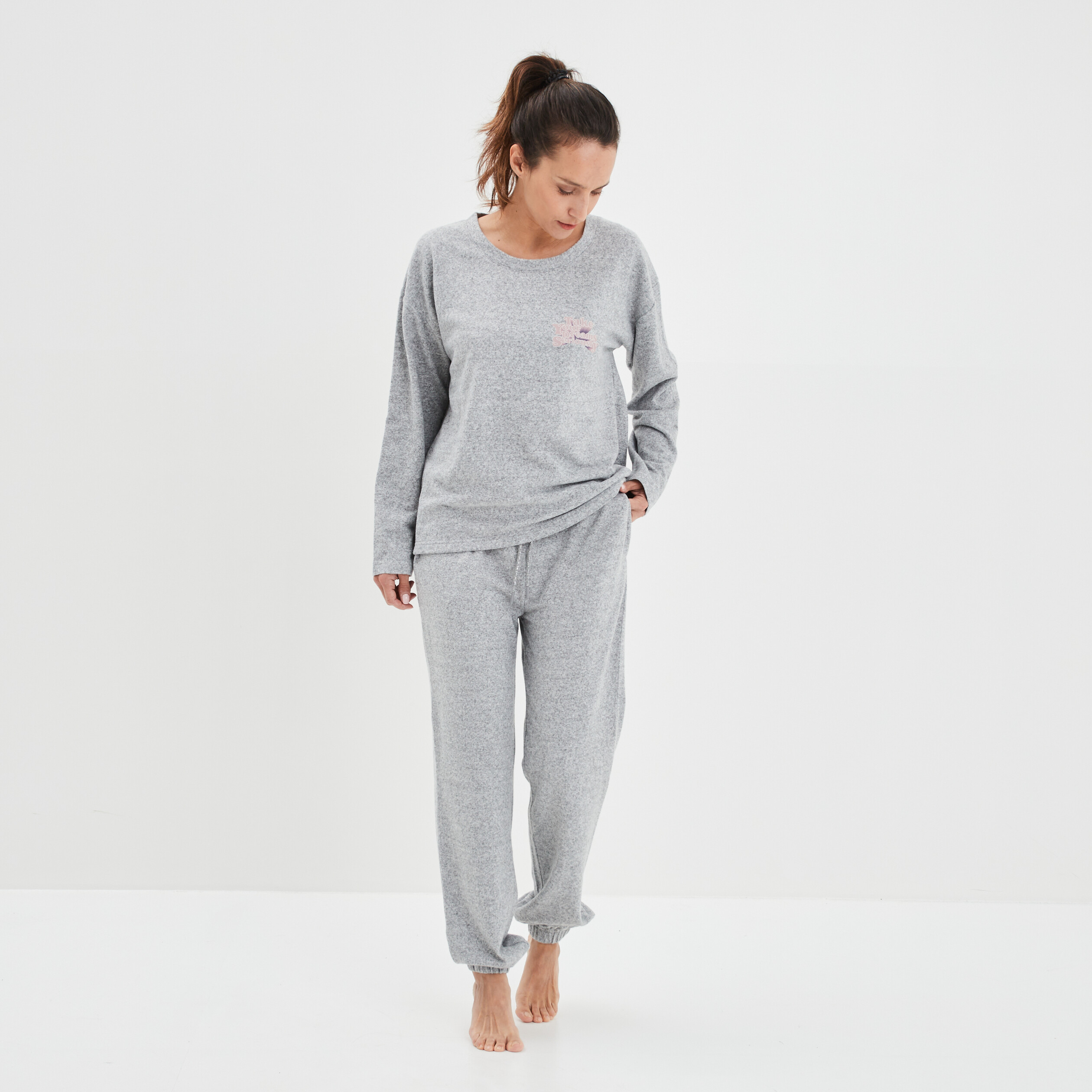 Ensemble pyjama bas resserré 2 pièces gris clair femme | La Halle