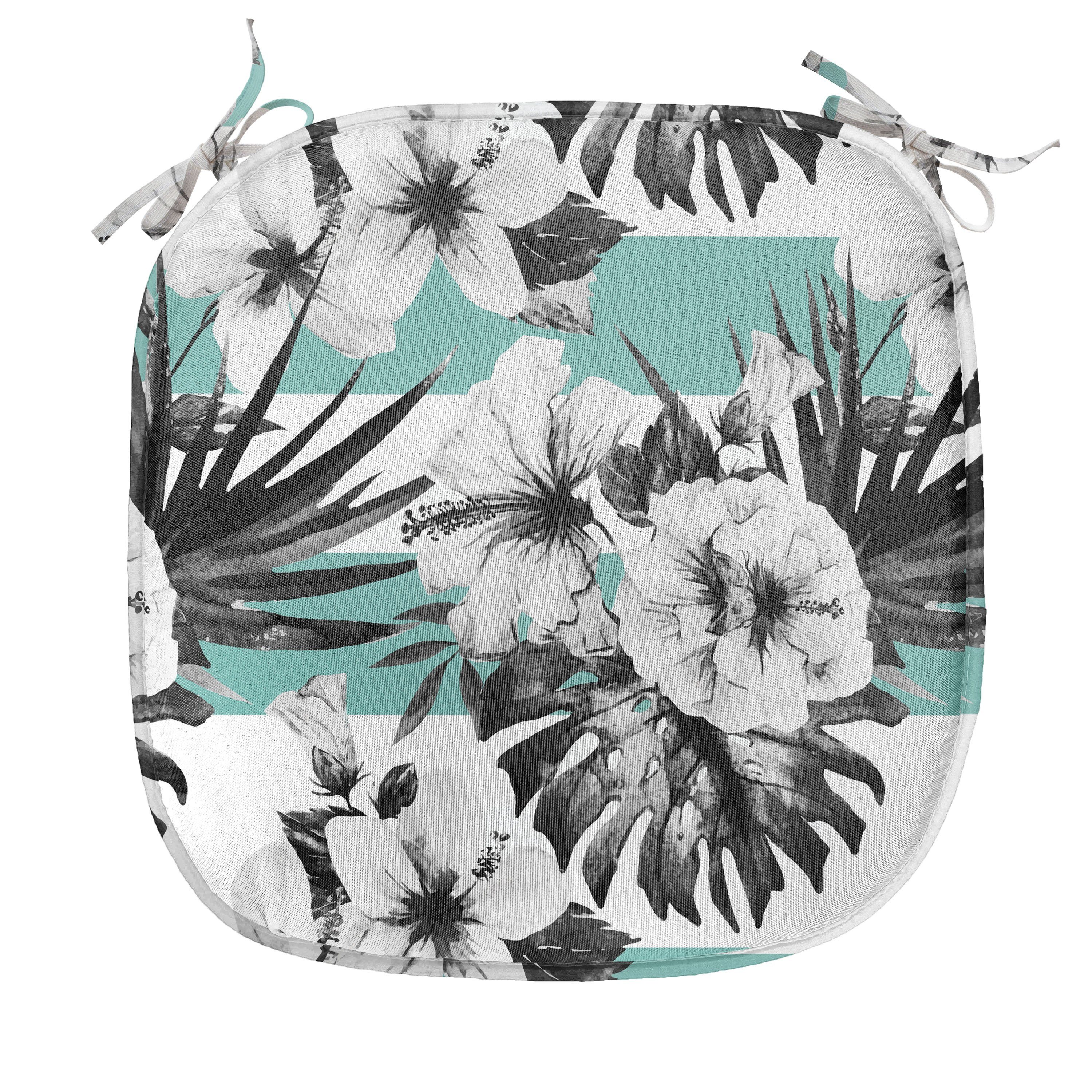 Abakuhaus Stuhlkissen Dekoratives wasserfestes Kissen mit Riemen für Küchensitze, Blumen Exotische Hibiscus auf Streifen