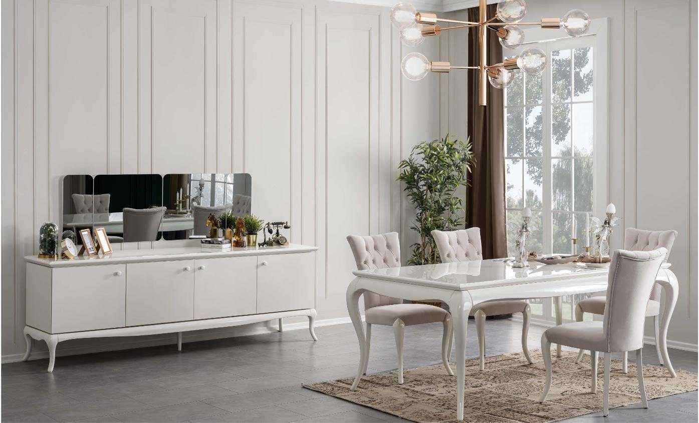 JVmoebel Essgruppe Essgruppe Essecke Esszimmer Esstisch Holz Weiß Set 7tlg Sideboard, (Esstisch / 4x Stühle / Sideboard / Spiegel), Made In Europe