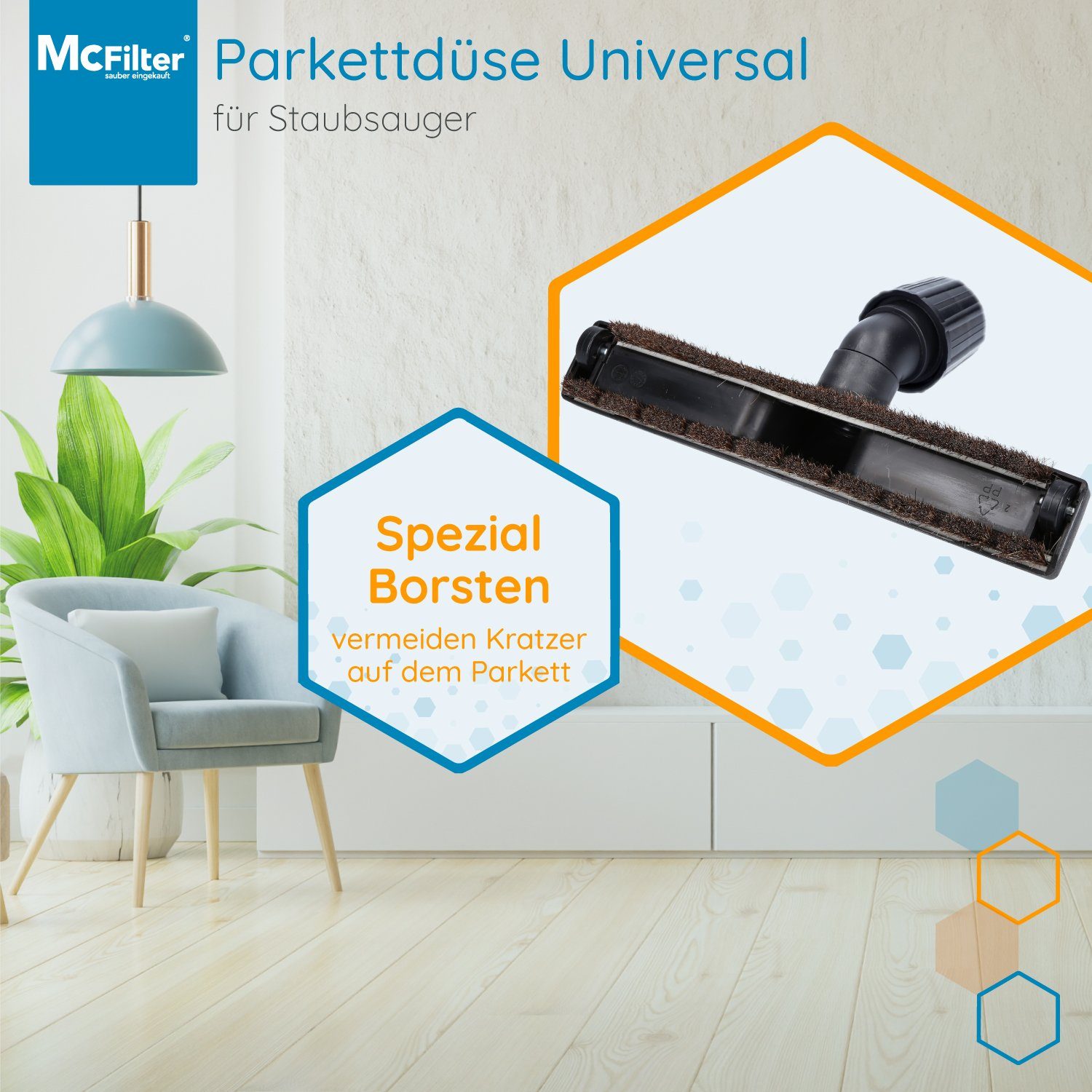 McFilter Parkettdüse Universal mit Vario-Anschluss, Zubehör für alle Staubsauger mit Saugrohranschluss (30-37 mm), (1-tlg), mit 2 Bürsten, Rosshaar, 2 Filzlaufräder an Unterseite