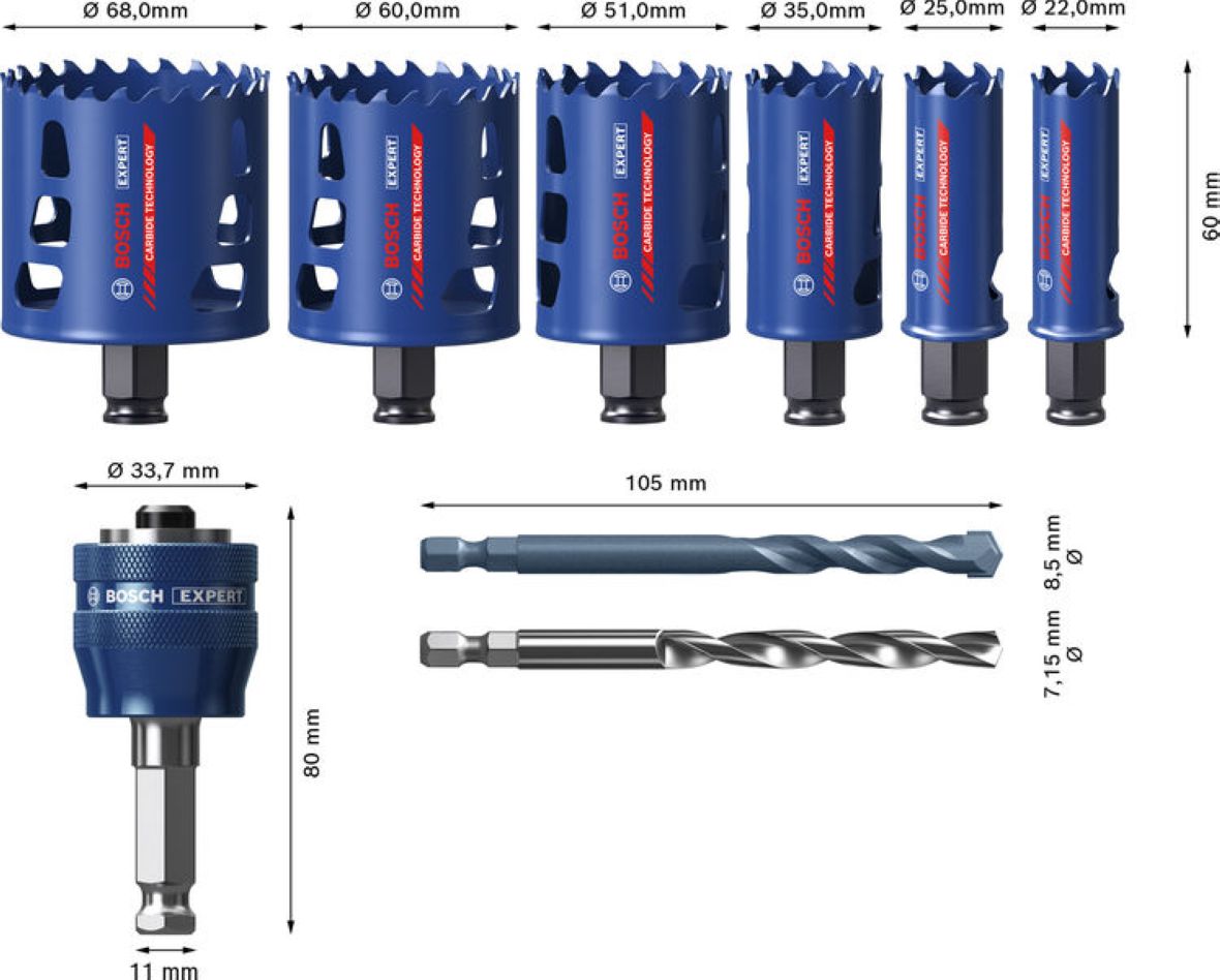 Set carotă Bosch Blue Accessories 2608901906 EXPERT Power-Change, universal, multimaterial, 22/25/35/51/60/68 mm, 9 piese
