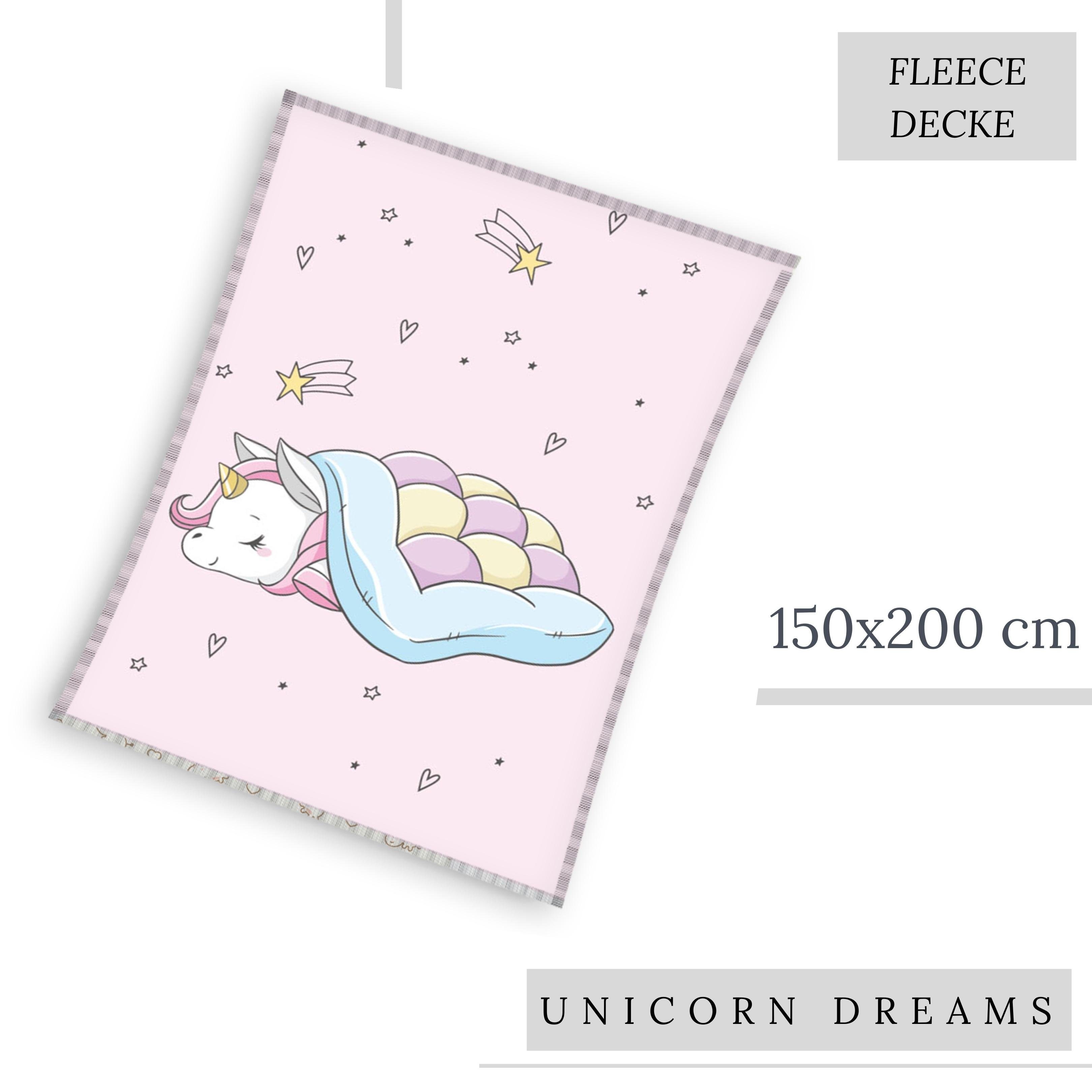 Wohndecke Einhorn Fleece-Decke 150x200 cm, hochwertige, kuschelige Unicorn Decke, MTOnlinehandel, Sofadecke, Überwurf für Einhorn Fans, passend zur Bettwäsche