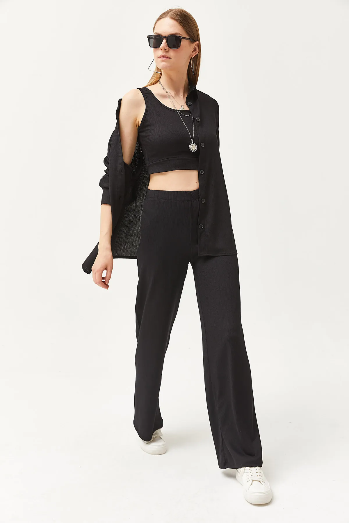 Olalook  Damen Schwarzes Hemd Bluse Hose 3-teiliges Set TKM-19000270
