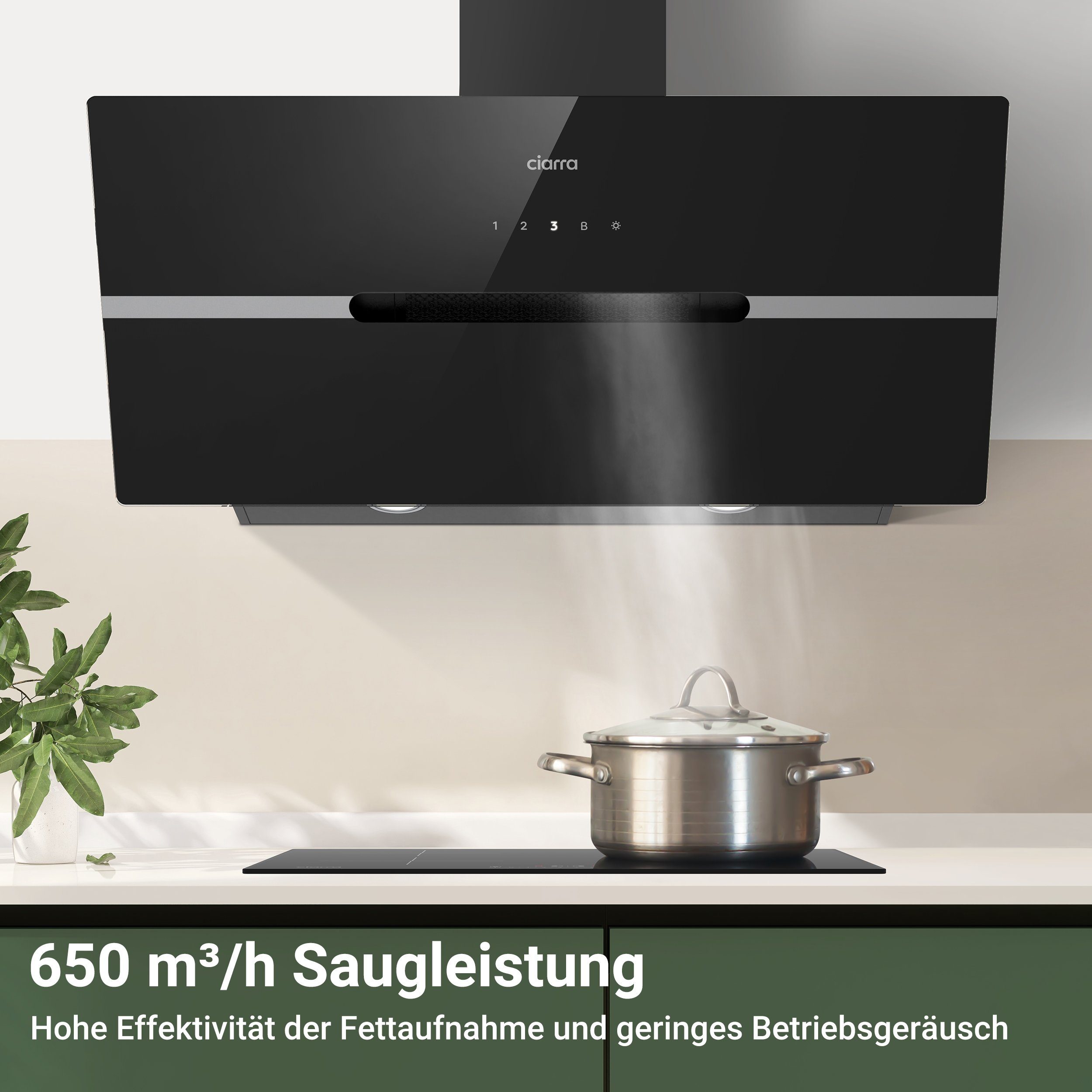 CIARRA Kopffreihaube VM9736FB, A+++ 650m³/h Dunstabzugshaube 90cm Inkl. BOOST WIFI-APP Touch Control