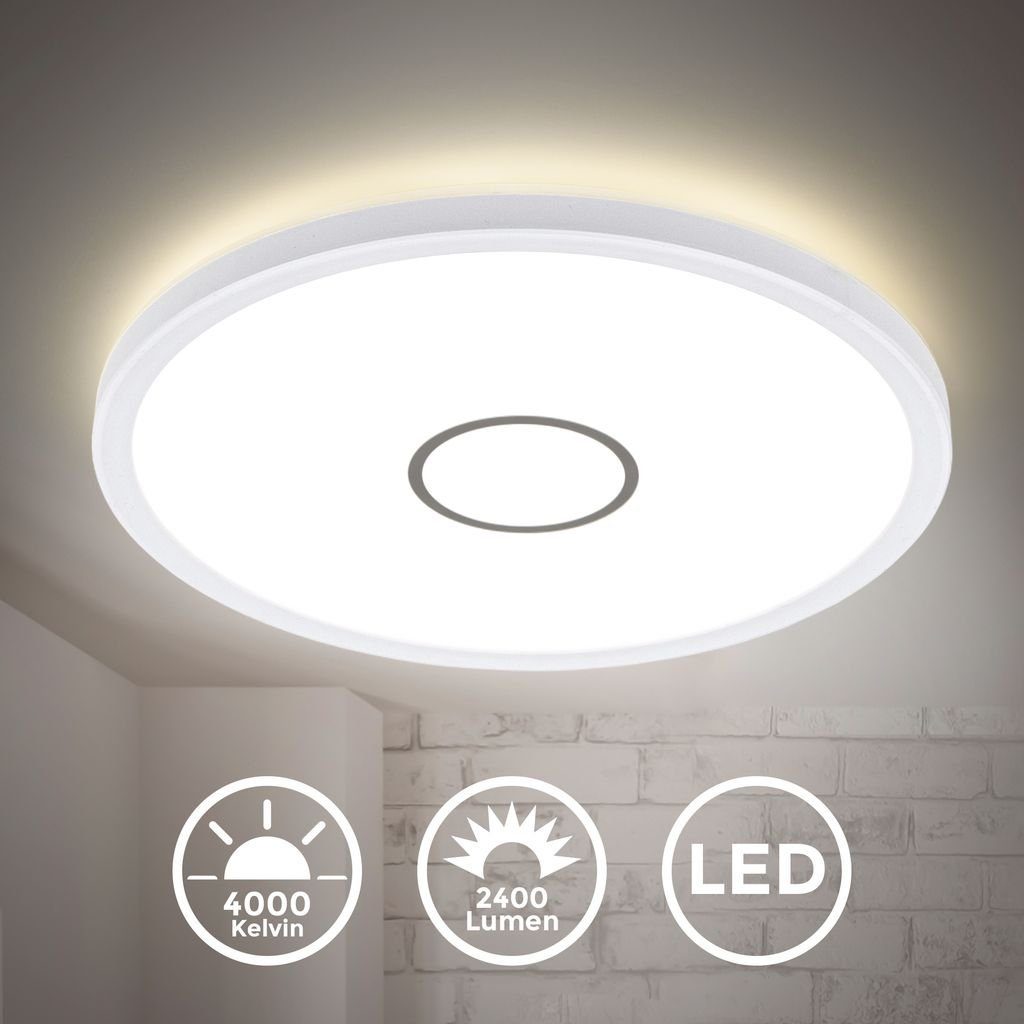 B.K.Licht Deckenleuchte LED Deckenlampe ultraflach Ø29,3x2,8cm weiß-silber - BKL1239, LED fest integriert, Neutralweiß, 18W 2.400lm 4000K IP20 rund