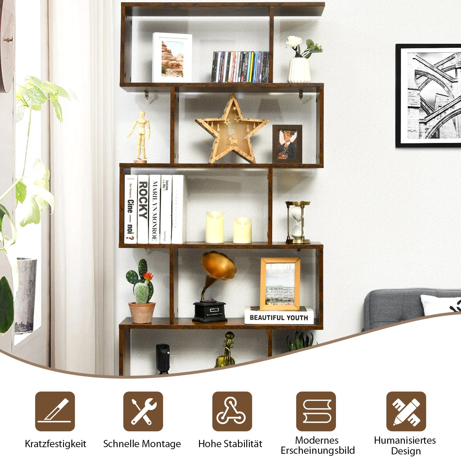 COSTWAY Bücherregal, Standregal mit 6 Fächern, 20 kg/Ebene, 80x23x192cm, braun