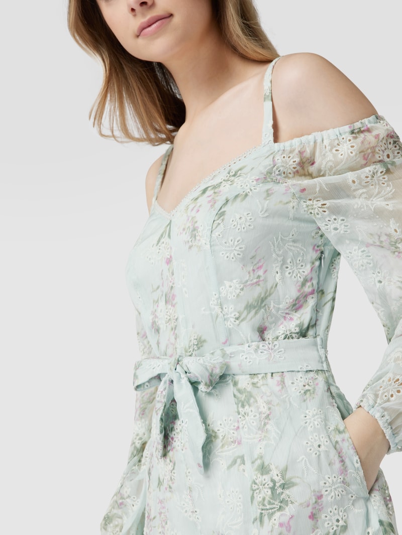 Cold-Shoulder-Jumpsuit mit floraler Lochstickerei in hellblau