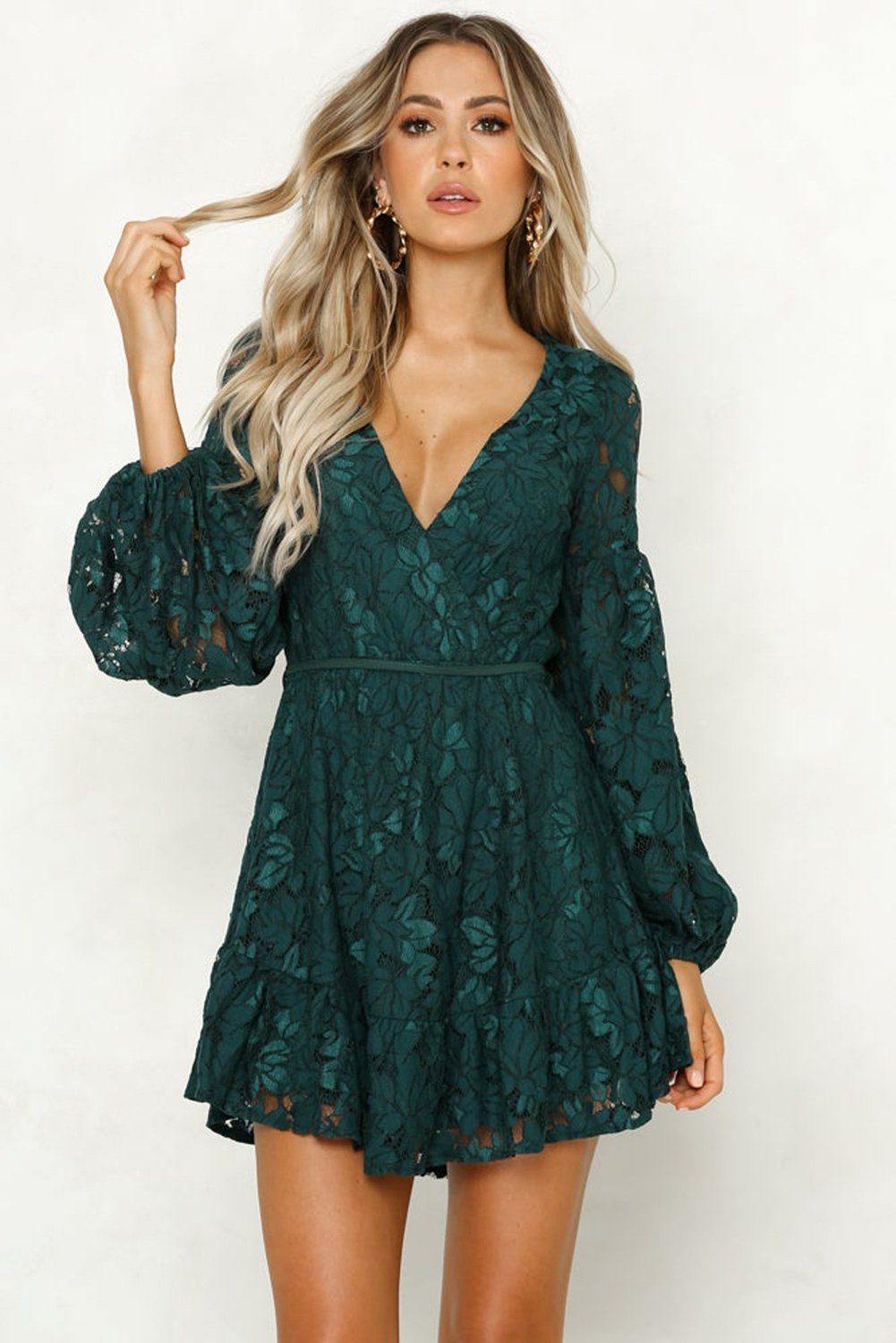 aikidio Stillkleid Sexy rückenfreies Spitzenkleid mit Ballonärmeln und V-Ausschnitt