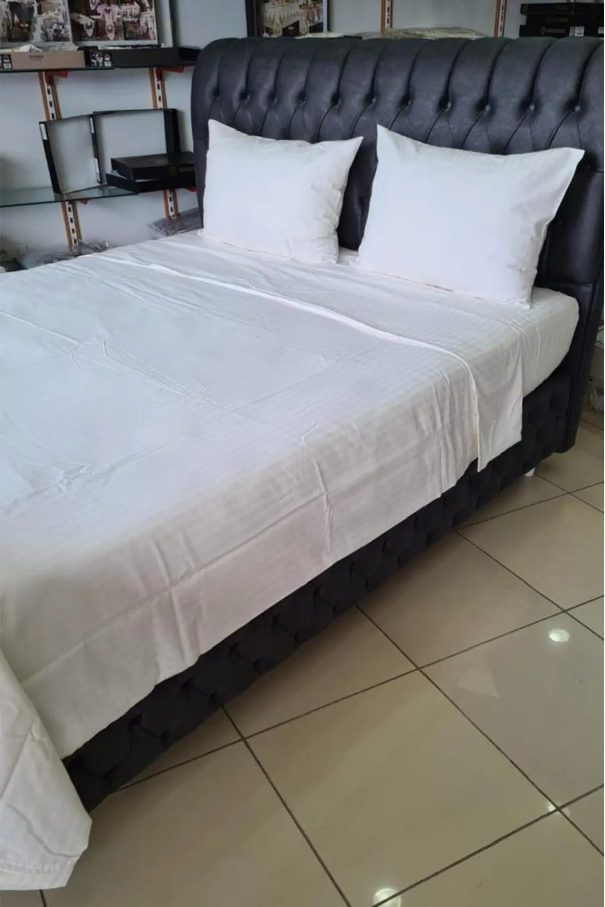 Çeyiz Diyarı  Satin-elegantes Dobby-Doppelbettbezug-Set, Creme