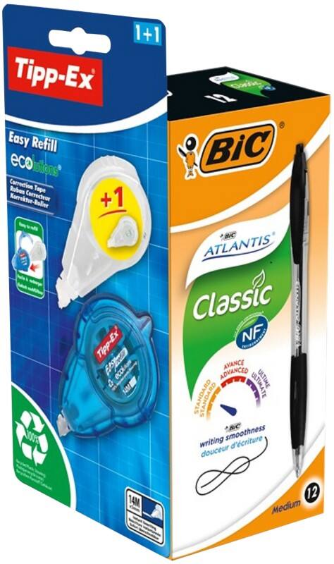 BIC Atlantis Classic Kugelschreiber Schwarz Mittel 0.32 mm Nachfüllbar Packung mit 12 Stück   GRATIS 1 Easy Tipp-Ex mit Nachfüllpackung