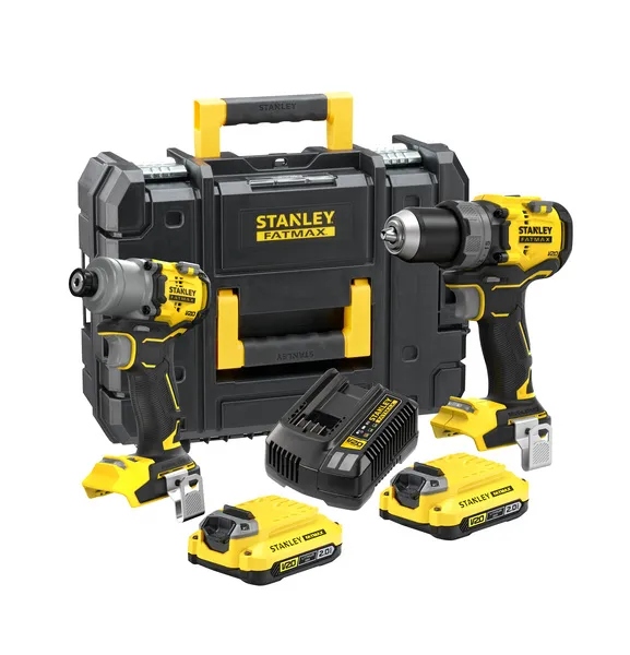Stanley SFMCK211D2T-QW CombiKit V20 szénkefe nélküli akkus csavarozó/ütvefúró + szénkefe nélküli akkus ütvecsavarozó 2x 18 V 2.0 Ah akkumulátorral és gyorstöltővel, tokban