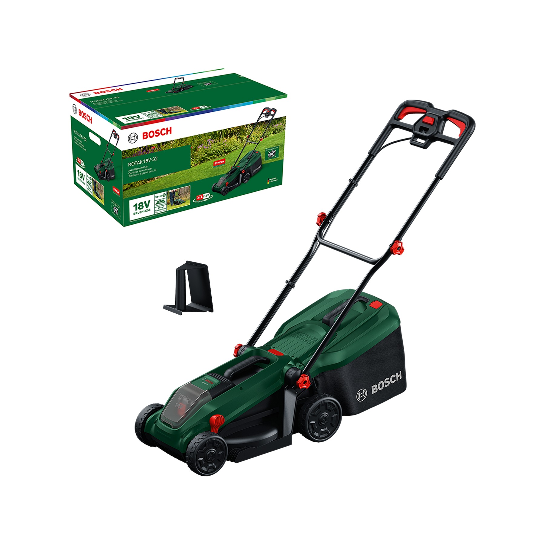 Bosch Green 06008B9P01 Rotak 18V-32 Akku-Rasenmäher (ohne Akku und Ladegerät), 1x Mulchstecker im Karton
