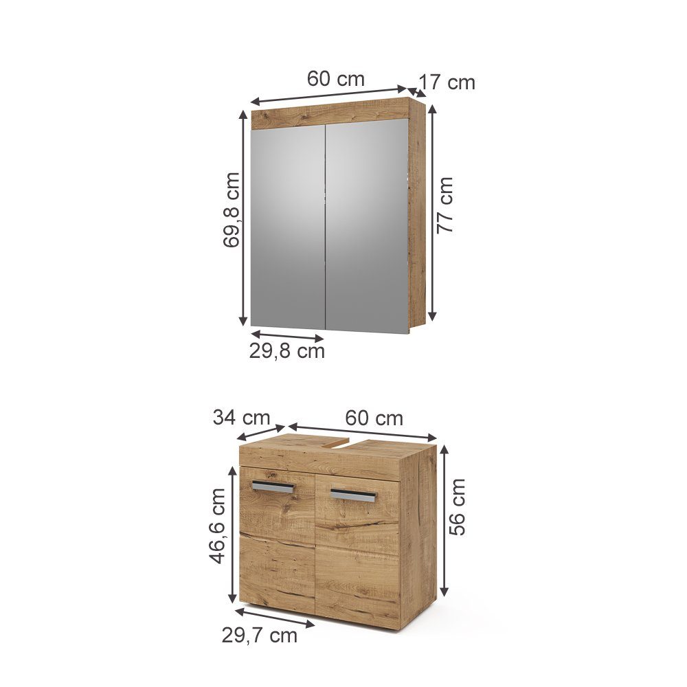 Vicco Badezimmer-Set Badezimmerset LUNA Eiche Wotan Set 1, (2-St., 2-er Set)