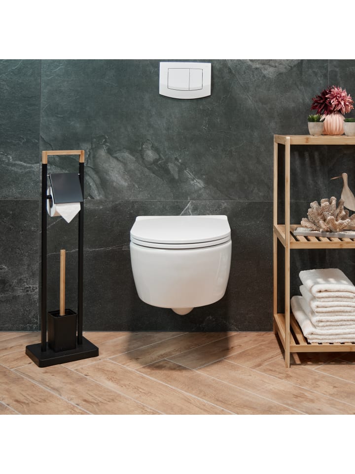 relaxdays WC Garnitur in Schwarz/ Natur - (B)23 x (H)77 x (T)18 cm günstig kaufen onesize