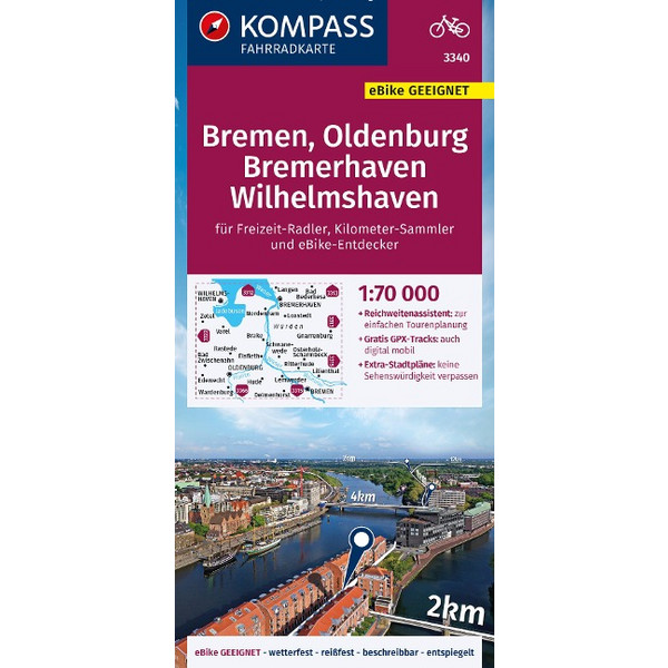 KOMPASS FAHRRADKARTE 3340 BREMEN, OLDENBURG, BREMERHAVEN