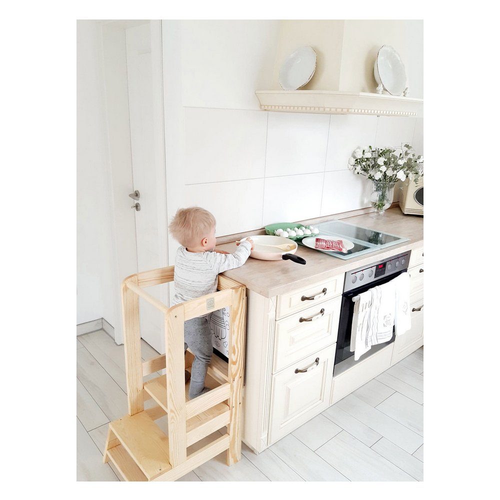 MeowBaby Stehhilfe Lernturm für Kinder Montessori Lernstuhl mit Kreidetafel Natur (1 St), Kinderhocker, Höhenverstellbar, Abgerundete Ecken & Kanten
