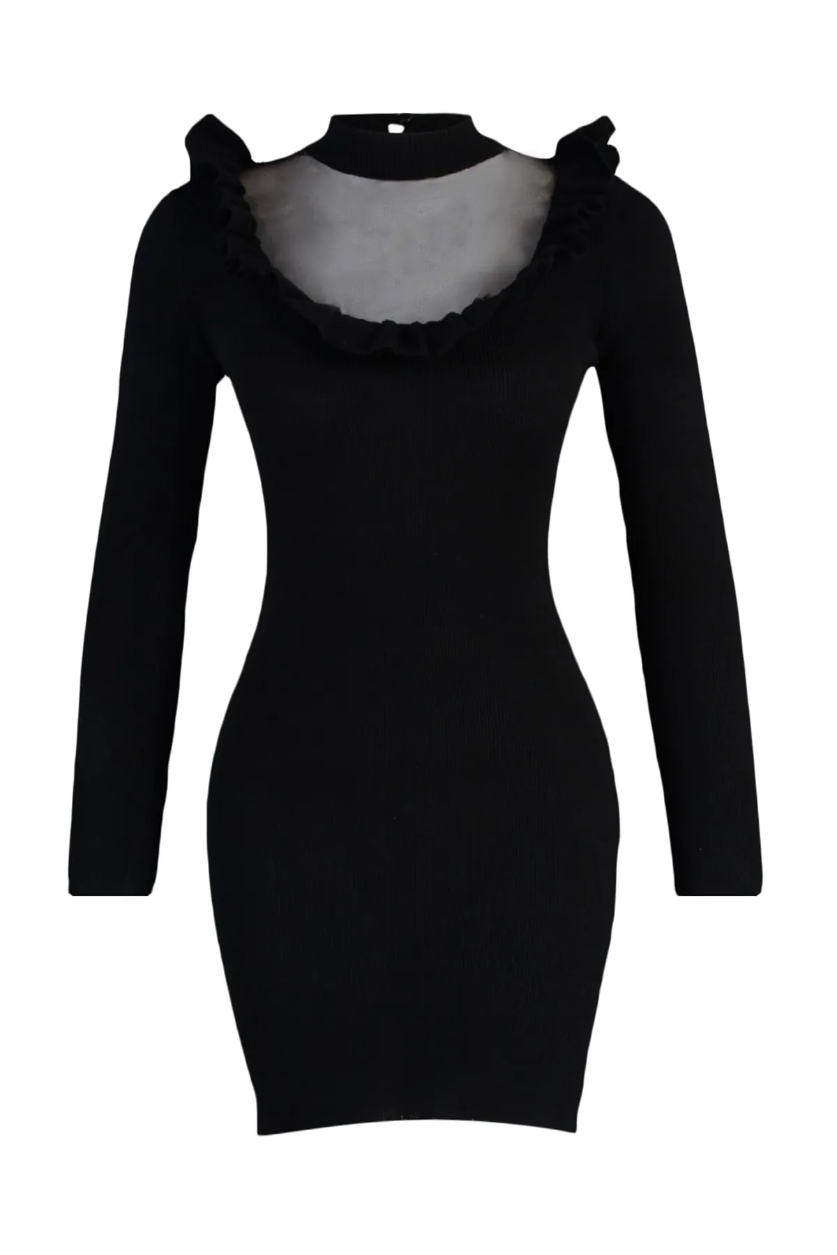 Trendyol Collection  Elegantes Abendkleid aus schwarzem Tüll mit detaillierten Strickwaren TPRAW23EL00391