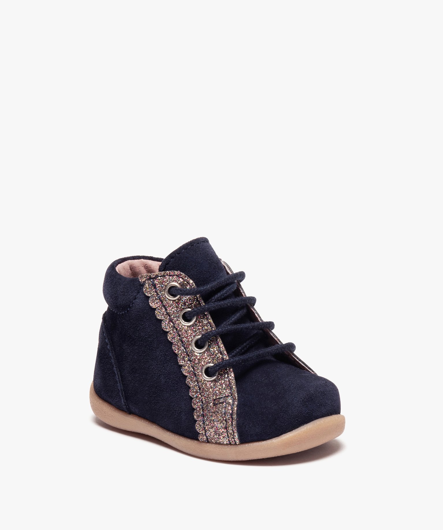 Bottillons premiers pas fille en cuir suédé et paillettes marine | GEMO