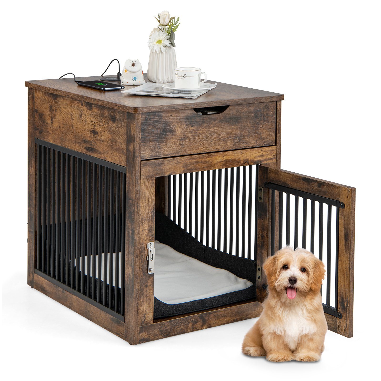 COSTWAY Hundehütte Hundekäfig, mit Ladestation, für S Hunde