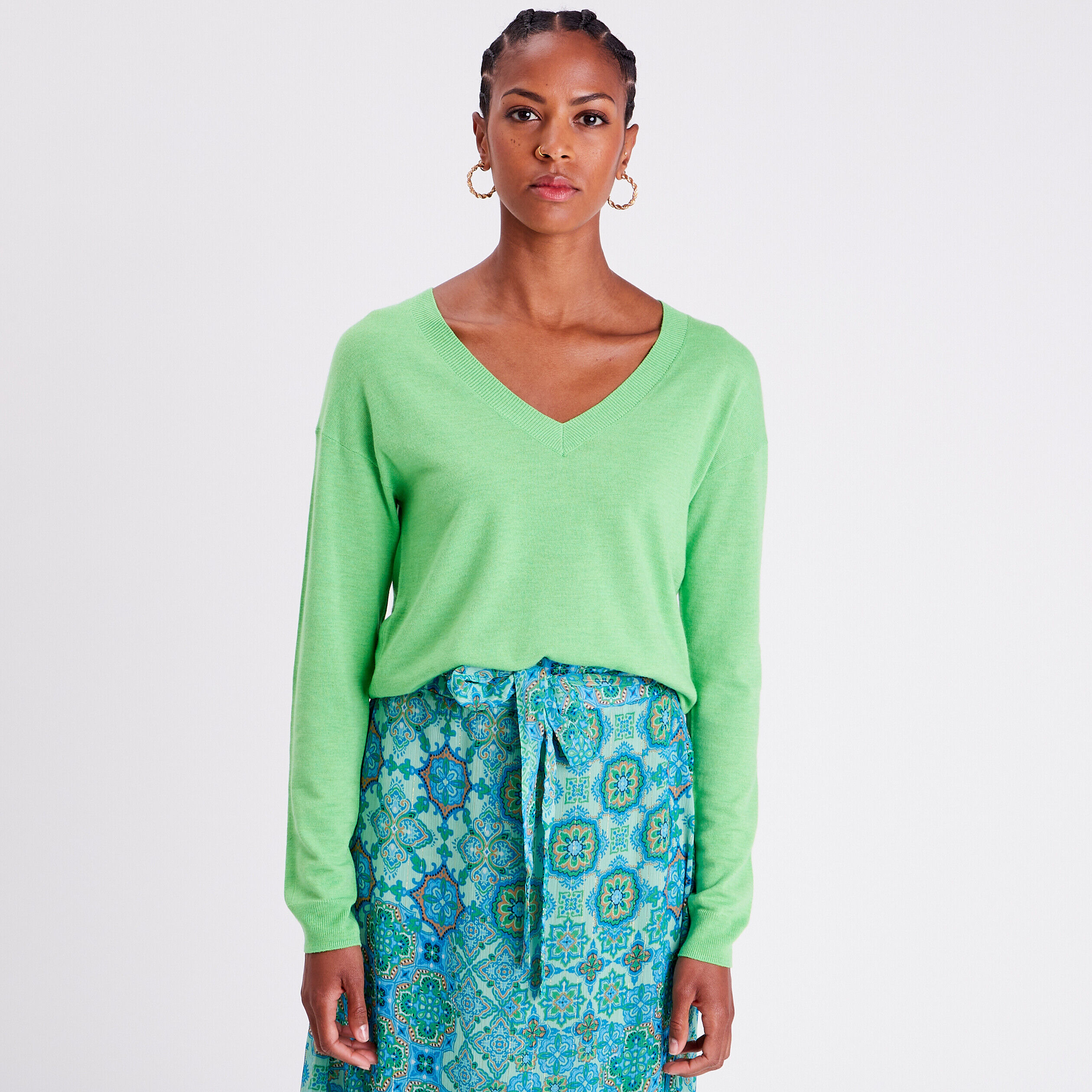 Pull col en V vert femme | Cache Cache
