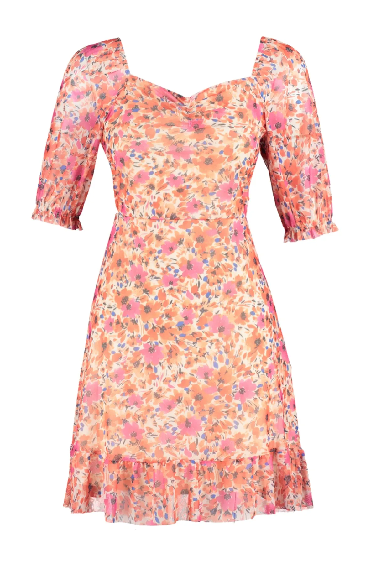 Trendyol Collection  Orangefarbenes, blumengemustertes, dehnbares Mini-Strickkleid aus Tüll mit herzförmigem Ausschnitt TWOSS20EL1690