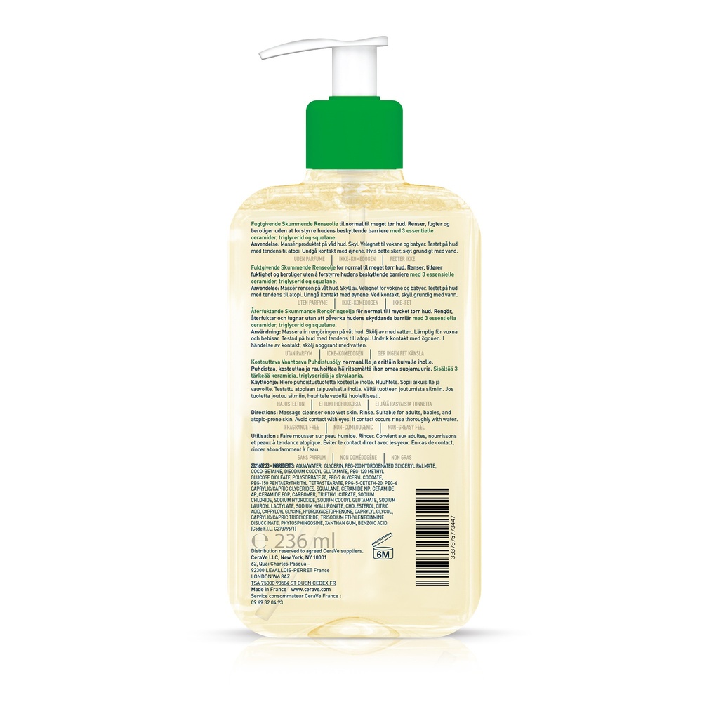 CeraVe Huile Lavante Huile Lavante Moussante Hydratante 236 ml pour les peaux normales à très sèches