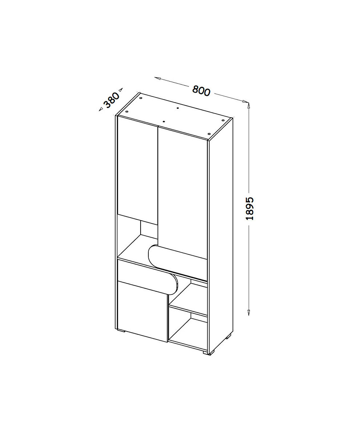 Kleiderschrank Stauraumschrank Carina 80cm 3-türig mit 3 offenen Fächern