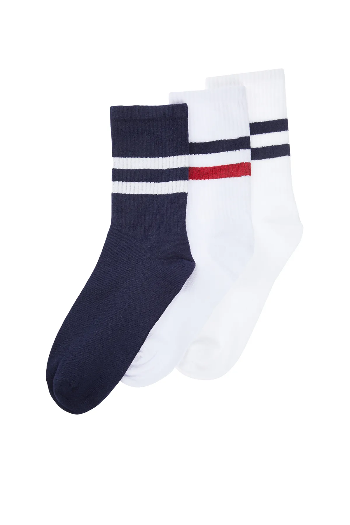 Trendyol Collection  Marineblau-weiße Unisex-College-Tennissocken aus Baumwolle mit Streifen in mittlerer Größe, 3-teilig