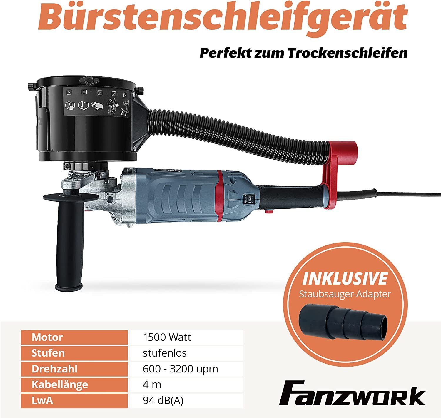 Fanztool Winkelpolierer FANZWORK 1500 Watt Satiniermaschine Schleifmaschine Bürstenschleifgerä, 3200 max. U/min, (Spar-Set, 2 tlg)