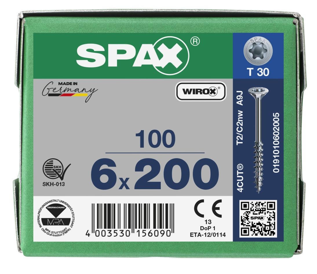 SPAX 0191010602005 Șurub universal 6 x 200 mm, Filet parțial, Cap înecat, T-STAR plus T30 - 100 bucăți